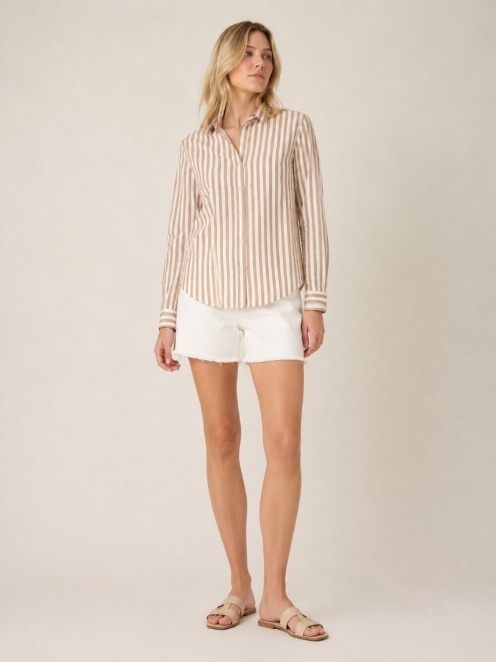 Banana Republic Long Sleeve Classic Pique Resort Shirt Wide Stripe Tan XS #A2440